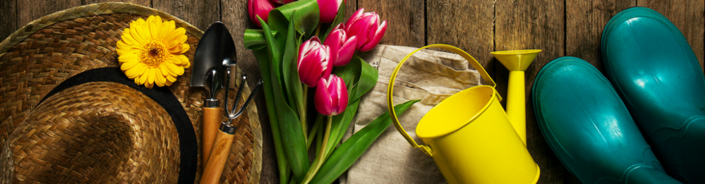 banner with gardening hat, boots, tools and tulips