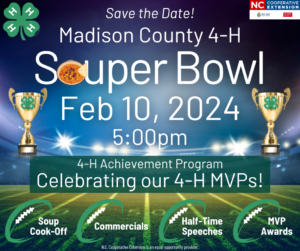 4-H Souper Bowl Achievement Program Invitation with football field background and trophies.